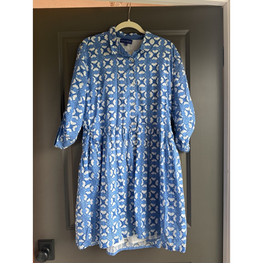 RO'S GARDEN Deauville Blue Geometric Mini Dress L Roll Tab Sleeve Cotton